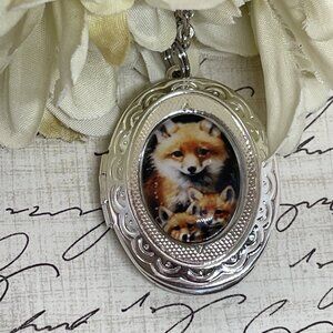 Silver New Fox Family Kit Mom Baby Brass Locket Necklace Pendant Wedding Mother
